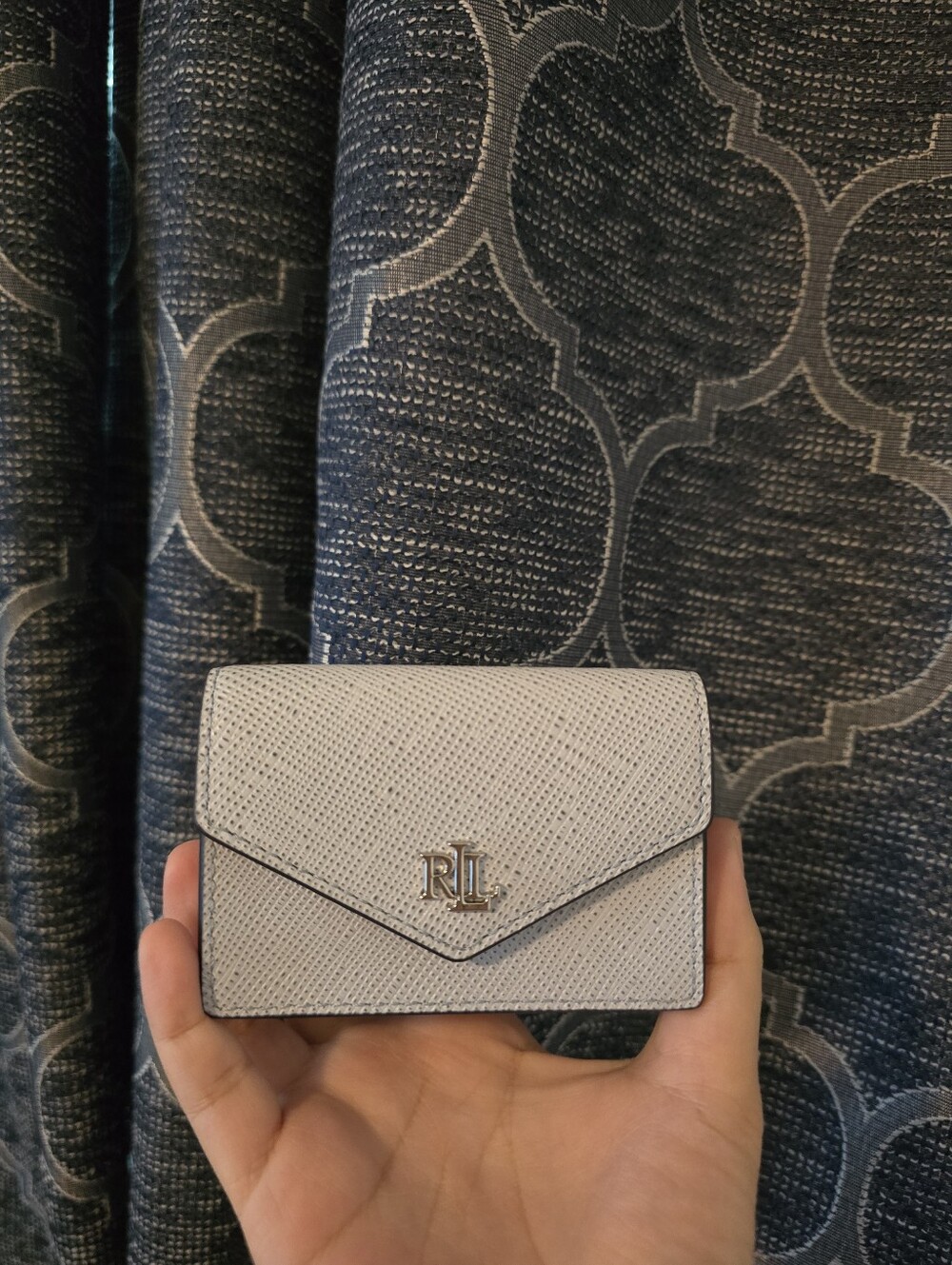 Small Lauren Ralph Lauren Crosshatch Leather Flap Card Case Cornflower Blue - Picture 3 of 5